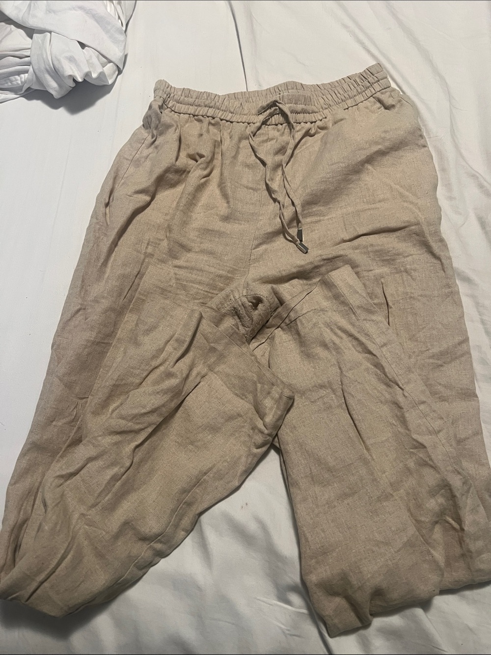 Womens Lightweight Linen Drawstring Pants - Beige